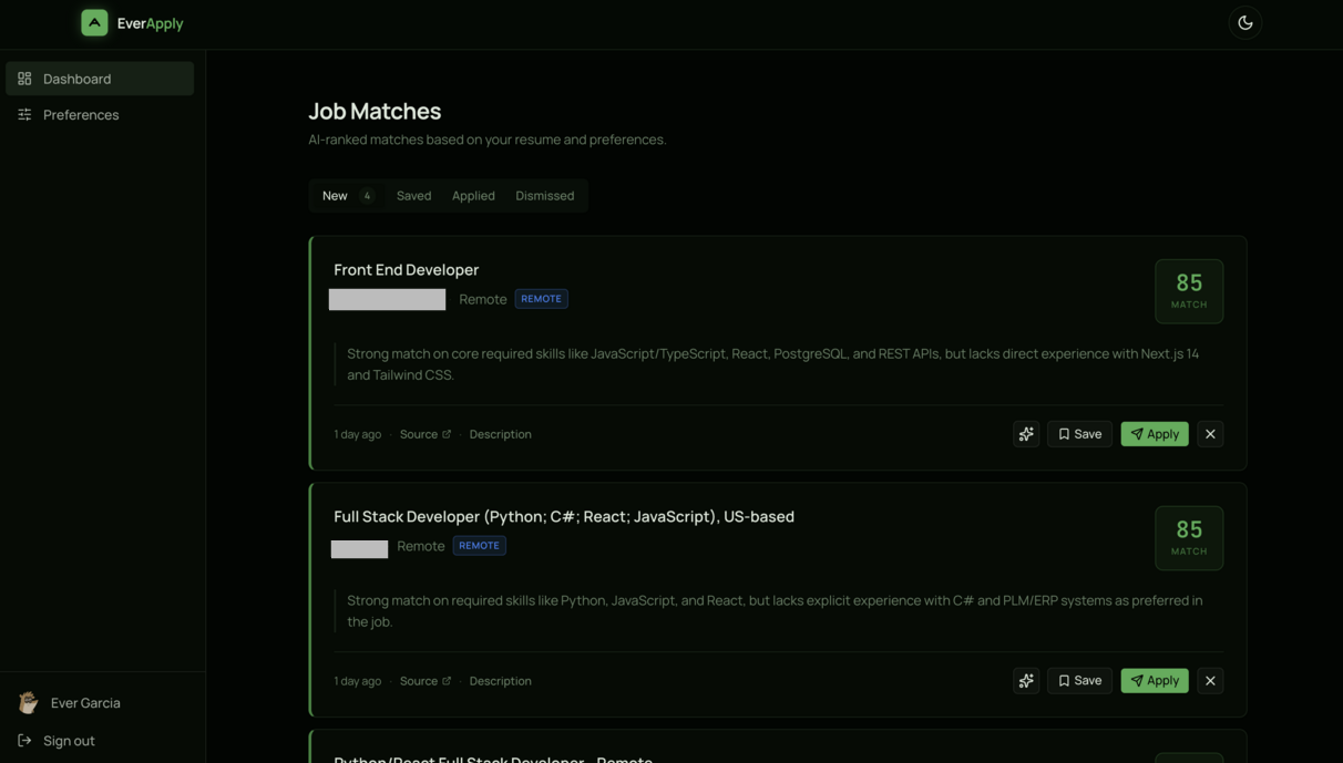 EverApply dashboard — job matches with AI scores
