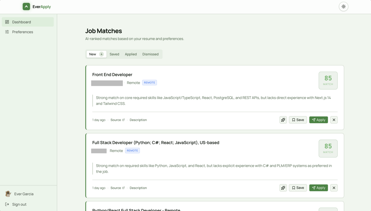 EverApply dashboard — job matches with AI scores